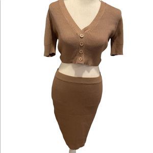 Naked Wardrobe Tan Ribbed Crop Top And Skirt Set